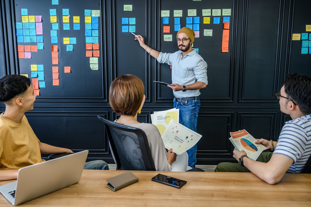 home-hero A diverse team engages in a collaborative brainstorm session with notes and presentations.